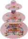 Stand Pentru Dulciuri Din Carton Flippy Cu 3 Nivele Diametru 16 22 29 Cm Înălțime 38 Cm Temă Happy Birthday Roz