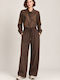 Women's High Waist Fabric Trousers Dark Brown