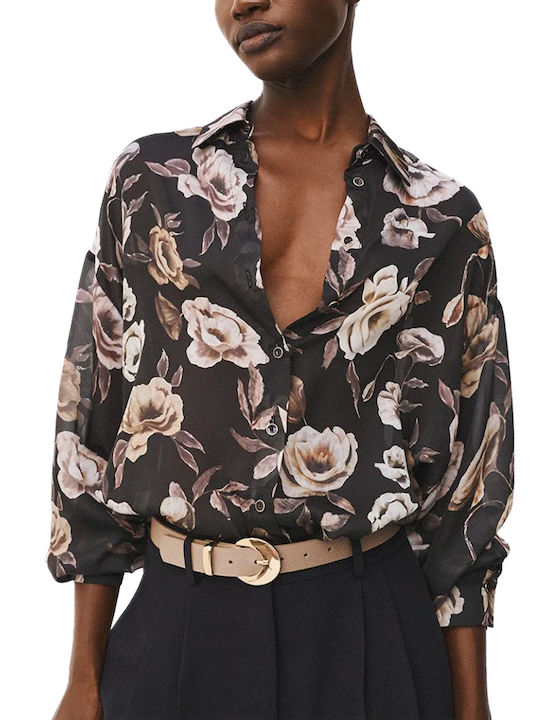 Langärmeliges Damenhemd Schwarz-Beige Blumen 64-7061-0035-Schwarz