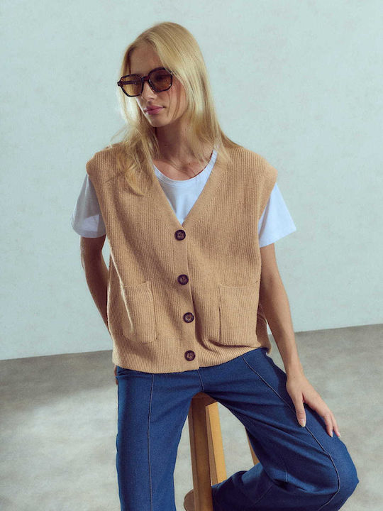 Celestino Damen Gestrickte Weste Mit Taschen Camel
