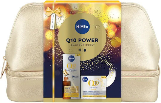 Set Nivea Q10 Ser Dual Acțiune Anti-îmbătrânire și Anti-glicație 30 ml + Nivea Q10 Cremă de Zi Anti-rid Spf 15 50 ml + Pungă Cadou