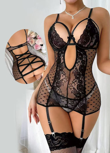 Roza Rz2341 Women Black Lingerie Set Chemise Lace String Garters & Lace-up Back