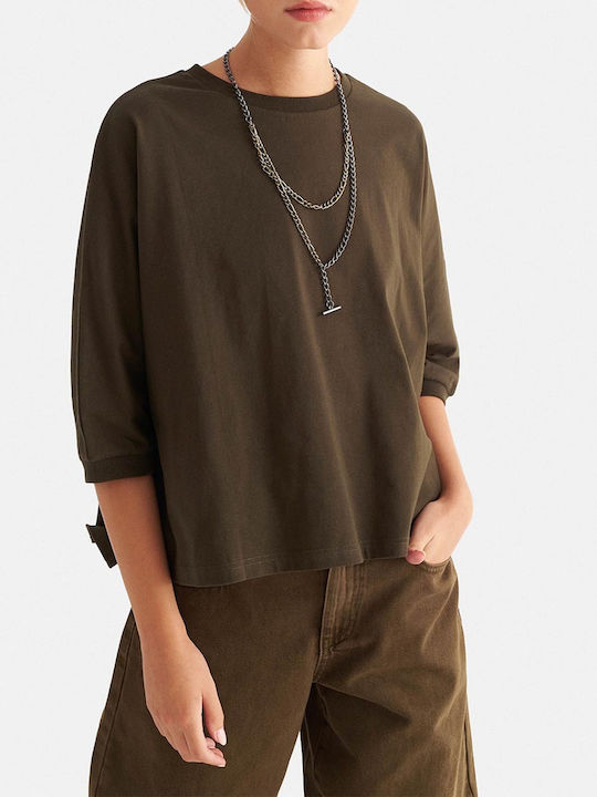 attrattivo Women's Summer Cotton Blouse with 3/4 Sleeves Dark Olive Green 9923926-Khaki