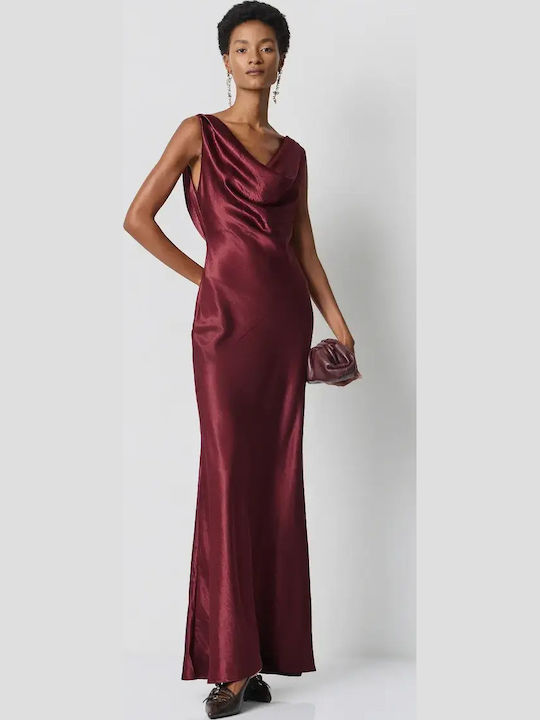 Maxi Βραδινό Φόρεμα Σατέν Ντραπέ Burgundy