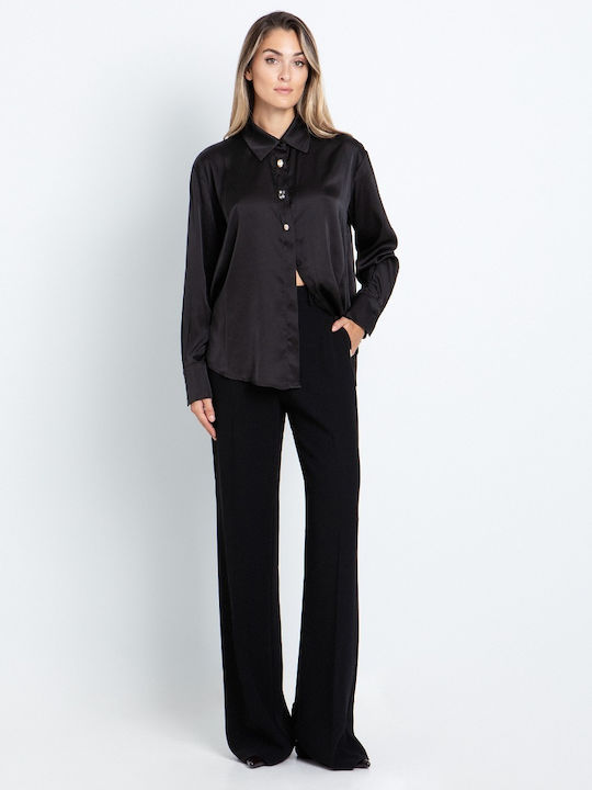 Langärmeliges Damenhemd Satin Schwarz