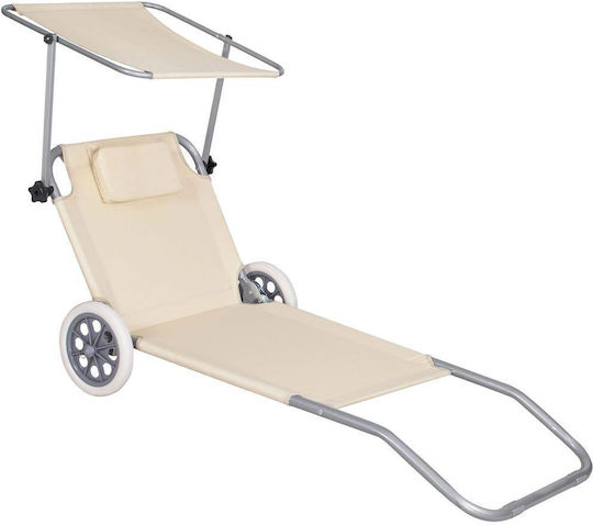 Șezlong De Plajă Bej Pliabil Din Plastic Cu Parasolar 150x61cm