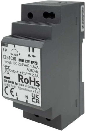 Eco Light DIN Rail Power Supply with 12V Output and 30W Power