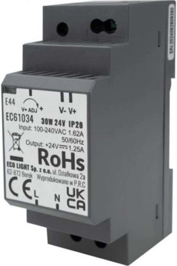 Eco Light DIN Rail Power Supply with 24V Output and 30W Power