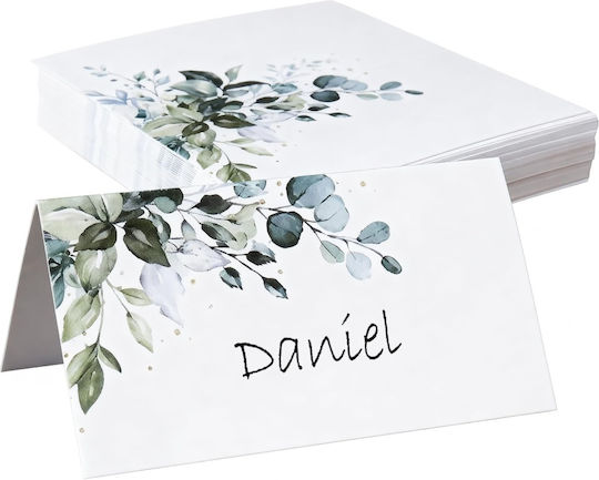 Set 50 Carduri de Masă Tip Cort Evenimente 9 X 10 Cm Pliate 9 X 5 Cm Elegant Model Botanic Frunze Verzi Carton Preasamblat Prepliat Nunți Botezuri Aniversări Sărbători Mărturii