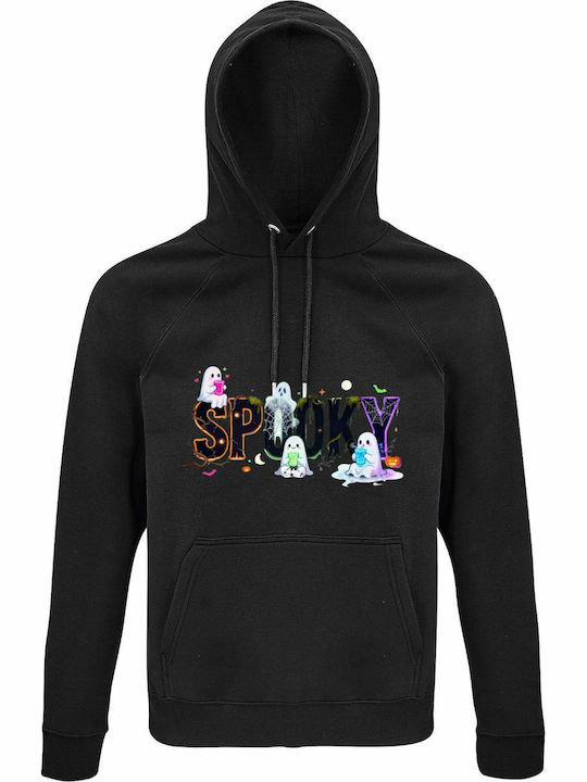 Hanorac Cu Glugă Bumbac Organic Unisex Spooky Cute Ghost Pastel Ghost Trio Halloween Coquette Spooky Negru