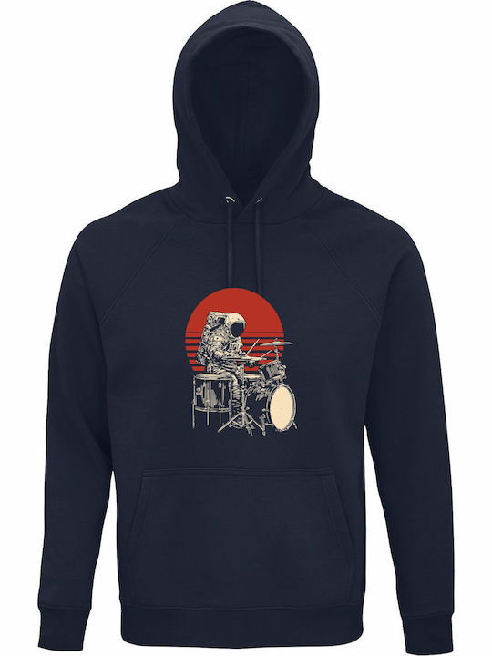 Hanorac Cu Glugă Bumbac Organic Unisex Astronaut Care Cântă La Tobă Iubitor De Muzică Spațială Albastru Marin Francez