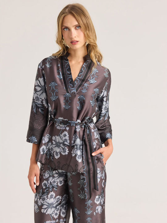 Damen Bluse mit 3/4 Ärmel V-Ausschnitt Grau