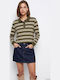 Damen Crop Top Baumwollgestreift Grün