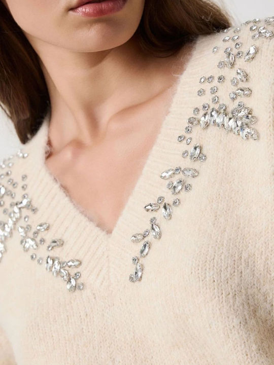 Women's Long Sleeve Sweater with V-Neck Ivory