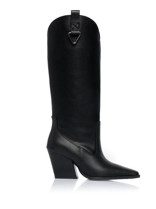 Leather Women's Cowboy Boots with High Heel Black