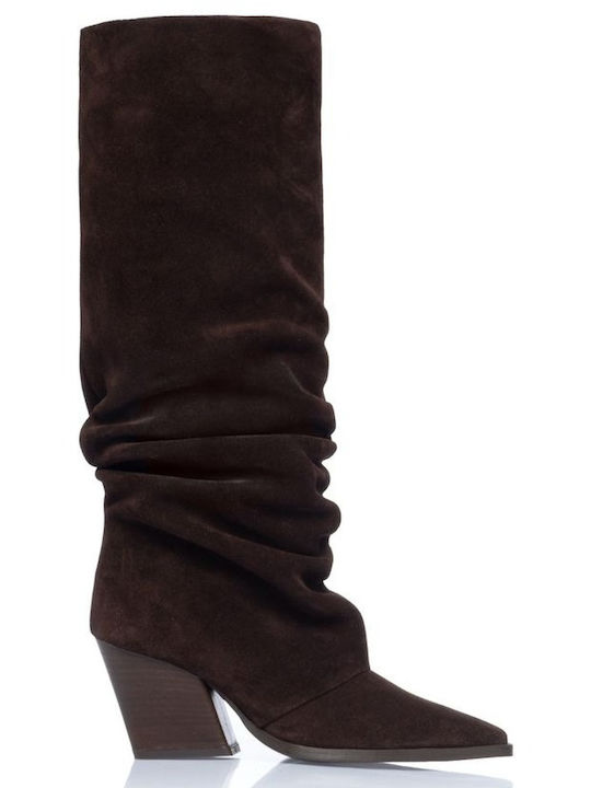 Leather Women's Cowboy Boots with High Heel Brown