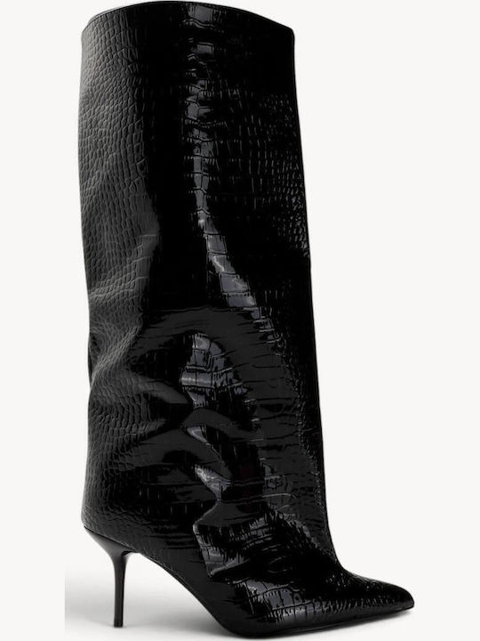 Cizme negre din lac croco cu toc stiletto