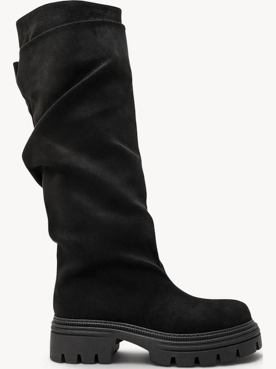 Schwarze Wildleder Damenstiefel Slouchy Traktor...