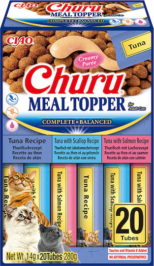 Churu Meal Topper pentru Pisici Gustare Cremoasă Tuburi Sortiment de Ton, Pui și Somon Fără Cereale 4x14 G