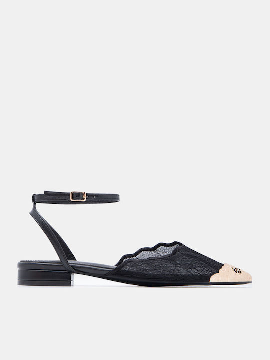 Spitze Zehe Pumps mit Riemchen & Niedrigem Absatz Schwarz