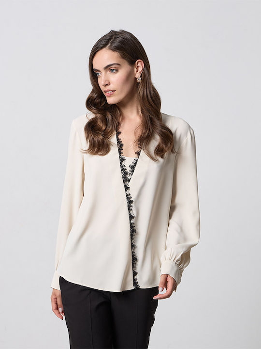 Damen Langärmeliges Top mit V-Ausschnitt in Cremefarben