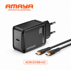 Amaya Зарядно Устройство с USB-C Изходен Порт и Кабел USB-C - USB-C 18W Черно (ACW-E218S+CC) Amaya Зарядно Устройство с USB-C Изходен Порт и Кабел USB-C - USB-C 18W Черно (ACW-E218S+CC)