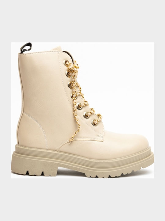 Kids Military Boots with Laces Beige