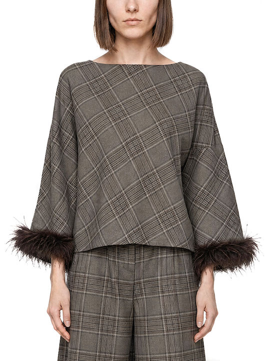 Bluza Damă Mânecă Lungă Carou Maro-Bej