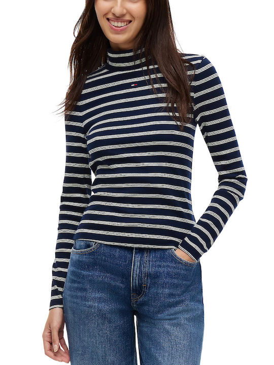 Women's Cotton Long Sleeve Turtleneck Striped Navy Blue Top