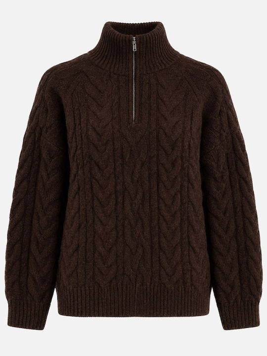 Women's Sweater with Neckline with Zipper Dark Brown Marl