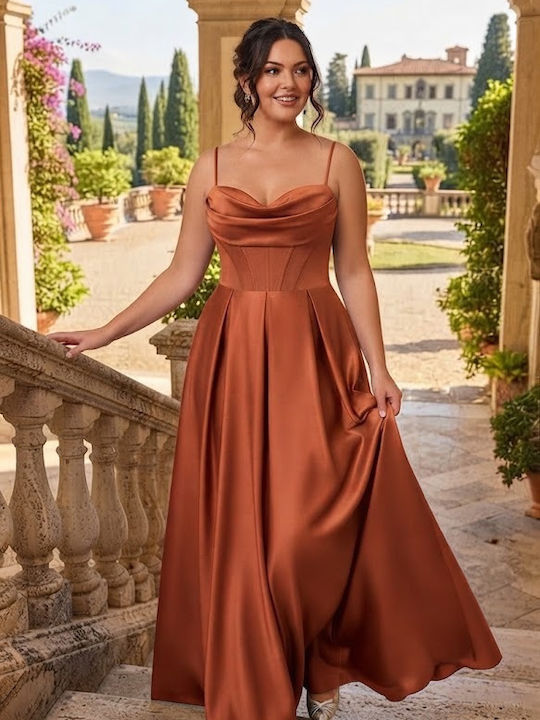 Summer Maxi Evening Satin Drape Dress Terracotta