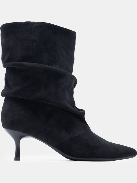 Wildleder Damen Stiefeletten mit Mittelhohem Absatz Schwarz