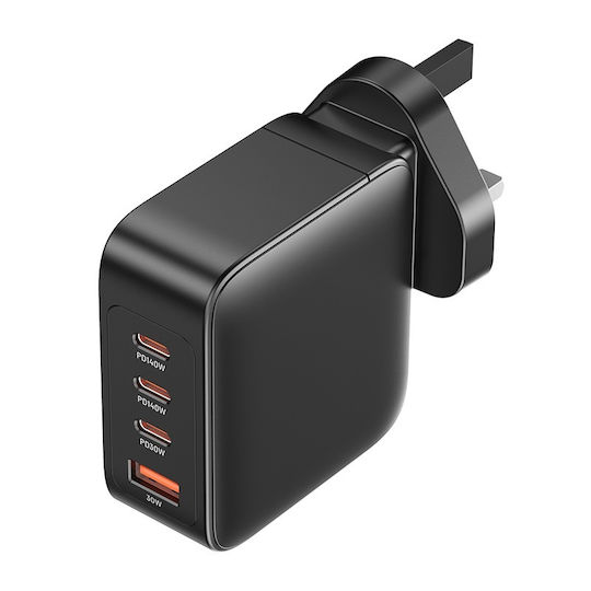 Vention GaN Charger with USB-A Port, 3 USB-C Ports and USB-C to USB-C Cable 140W Power Delivery / Quick Charge 3.0 Black (FEIB0-UK)
