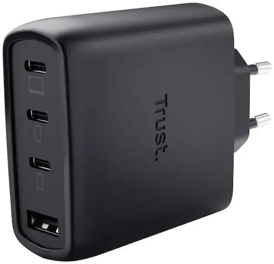 Trust GaN Charger Without Cable with USB-A Port and 3 USB-C Ports 65W Power Delivery Black (Maxo)