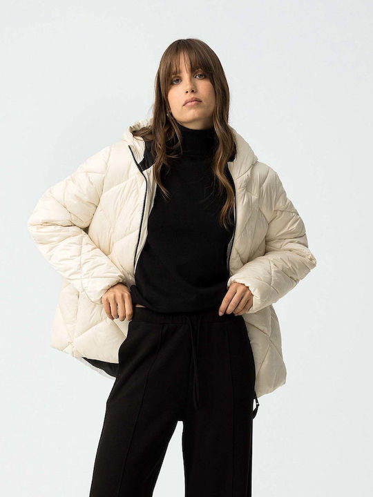 Long Women's Jacket for Winter Ecru
