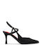 Spitze Satin-Pumps mit Stilettoabsatz und Riemchen Schwarz