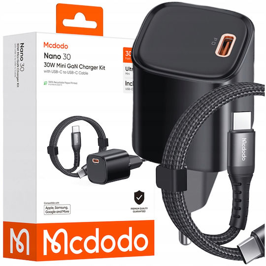 Mcdodo Handyladegerät mit USB-C Ausgangsanschluss und Kabel USB-C - USB-C 30W Schwarz (CH-0082)