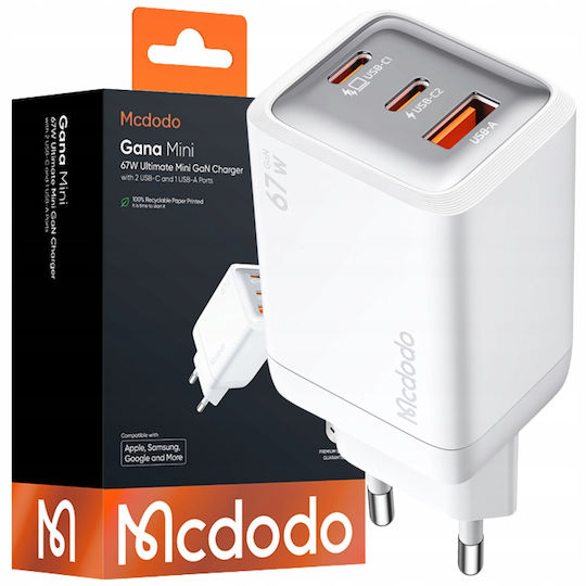 Mcdodo Зарядно устройство Без Кабел с USB-A Порт и 2 USB-C Порта 67W Power Delivery Сив (CH-0971)