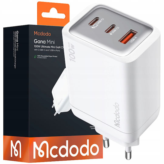 Mcdodo Φορτιστής Χωρίς Καλώδιο με Θύρα USB-A και 2 Θύρες USB-C 100W Power Delivery Λευκός (CH-0120)