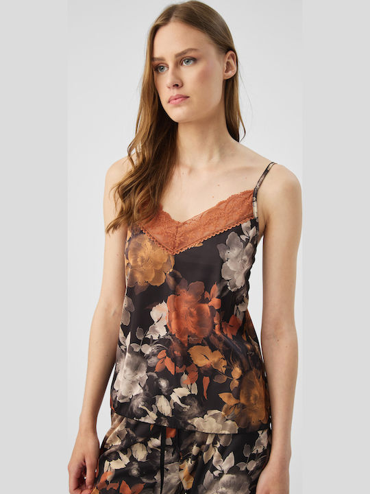 Schwarz-Orange Damen T-Shirt mit Spaghetti-Träger
