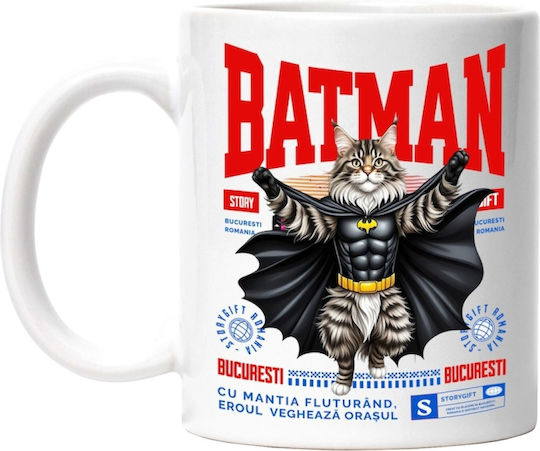 Maine Coon 2 / Maine Coon 2 Cat In A Batman Costume With Cape, Nighttime Hero, Cartoons, Children, Animal Lovers Cană Ceramică Albă 330ml (Personalizat)