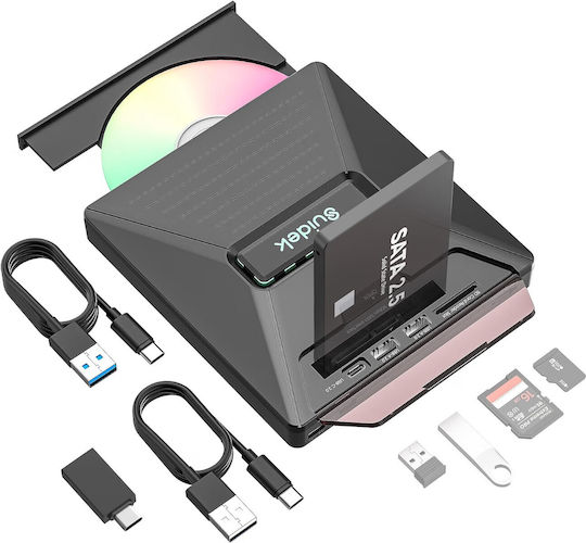Външно оптично устройство CD DVD-RW 7 в 1 2,5-инчов четец на HDD SSD SATA слот SD TF карти USB-C хъб Plug and Play Съвместимо с Mac Windows Linux