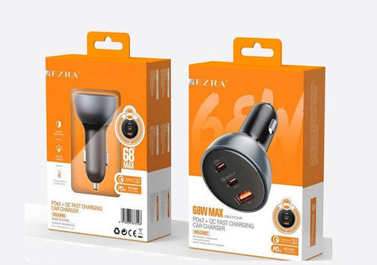 Ezra 68W Schnellladegerät fürs Auto mit Anschlüssen: 2x USB-A 1x USB-C