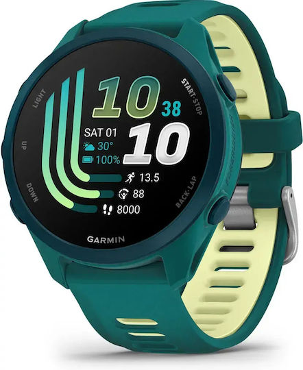 Garmin Forerunner 170 Music 43 mm Wasserdichte Smartwatch mit Herzfrequenzmesser (Petrolgrün Zitronengelb)