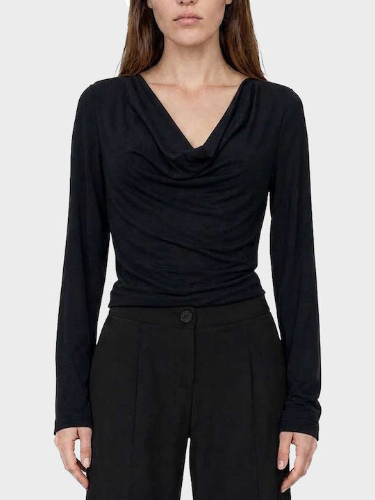 Women's Long-Sleeve Draped Blouse Black