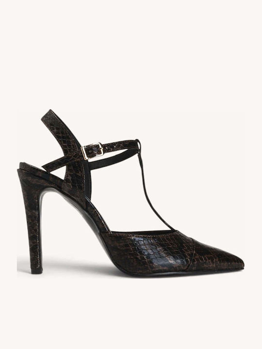 Braune Pumps mit Schlangenmuster, T-Riemchen und Dünnem Absatz