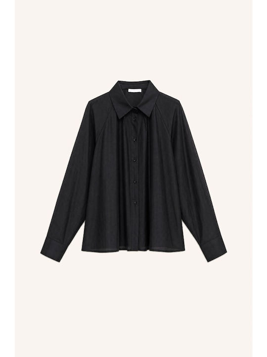 Long Sleeve Women's Satin Shirt Black