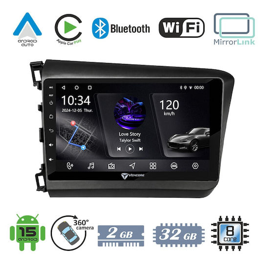 VenCore Auto-Audiosystem für Honda Civic 2012–2015 (Bluetooth/USB/AUX/WiFi/GPS/Apple CarPlay/Android Auto) mit 9"-Touchscreen