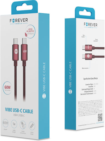 Forever Кабел USB-C мъжки – USB-C 60W Червен 1 m