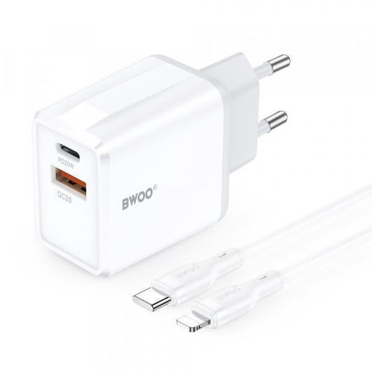 BWOO Încărcător cu Port USB-A și Port USB-C și Cablu USB-C - Lightning 38W Power Delivery Alb